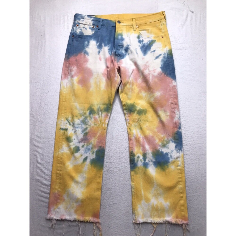 LEVIS 501 93 Premium Jeans Men 36x28 Tie Dye Fray Cuff Crop Stretch Hippie Beach